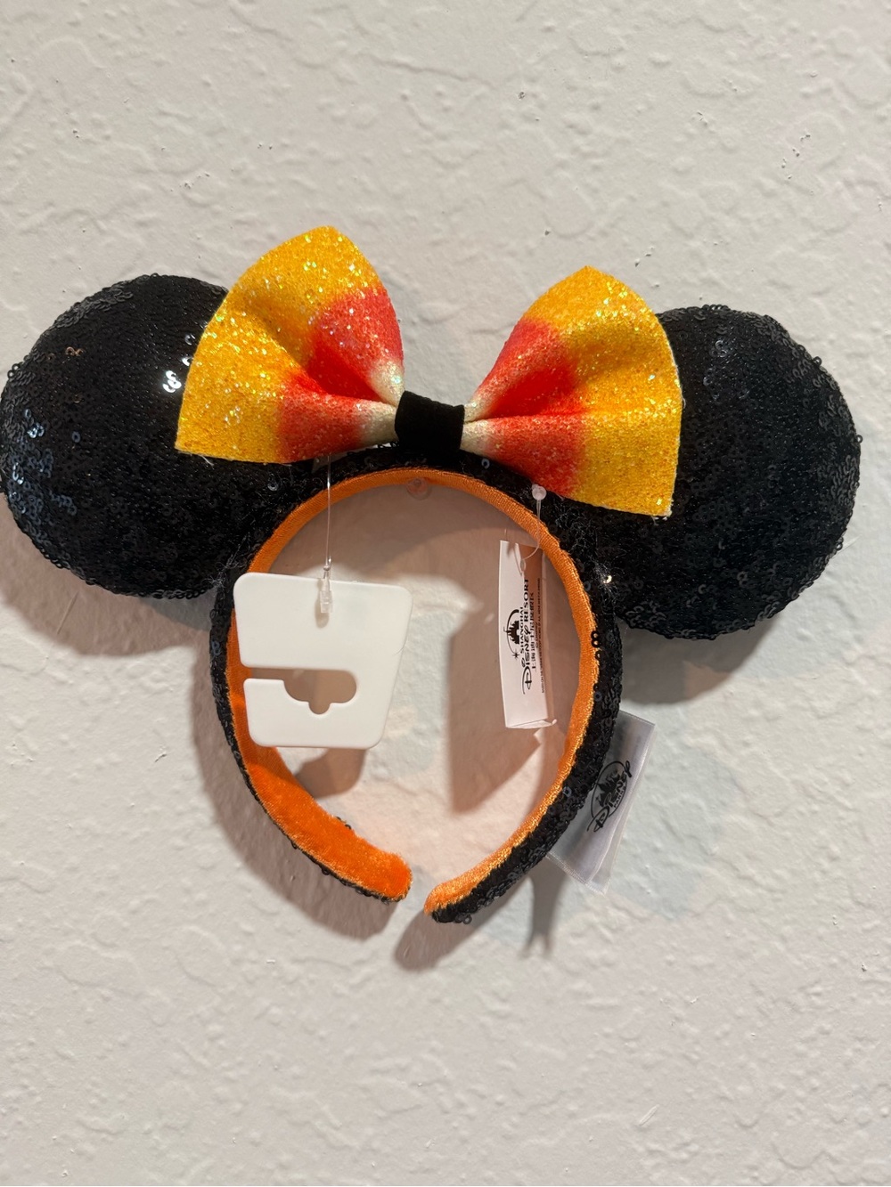 Disney Black Sequin Minnie Ears Headband with Candy Corn Glitter Bow